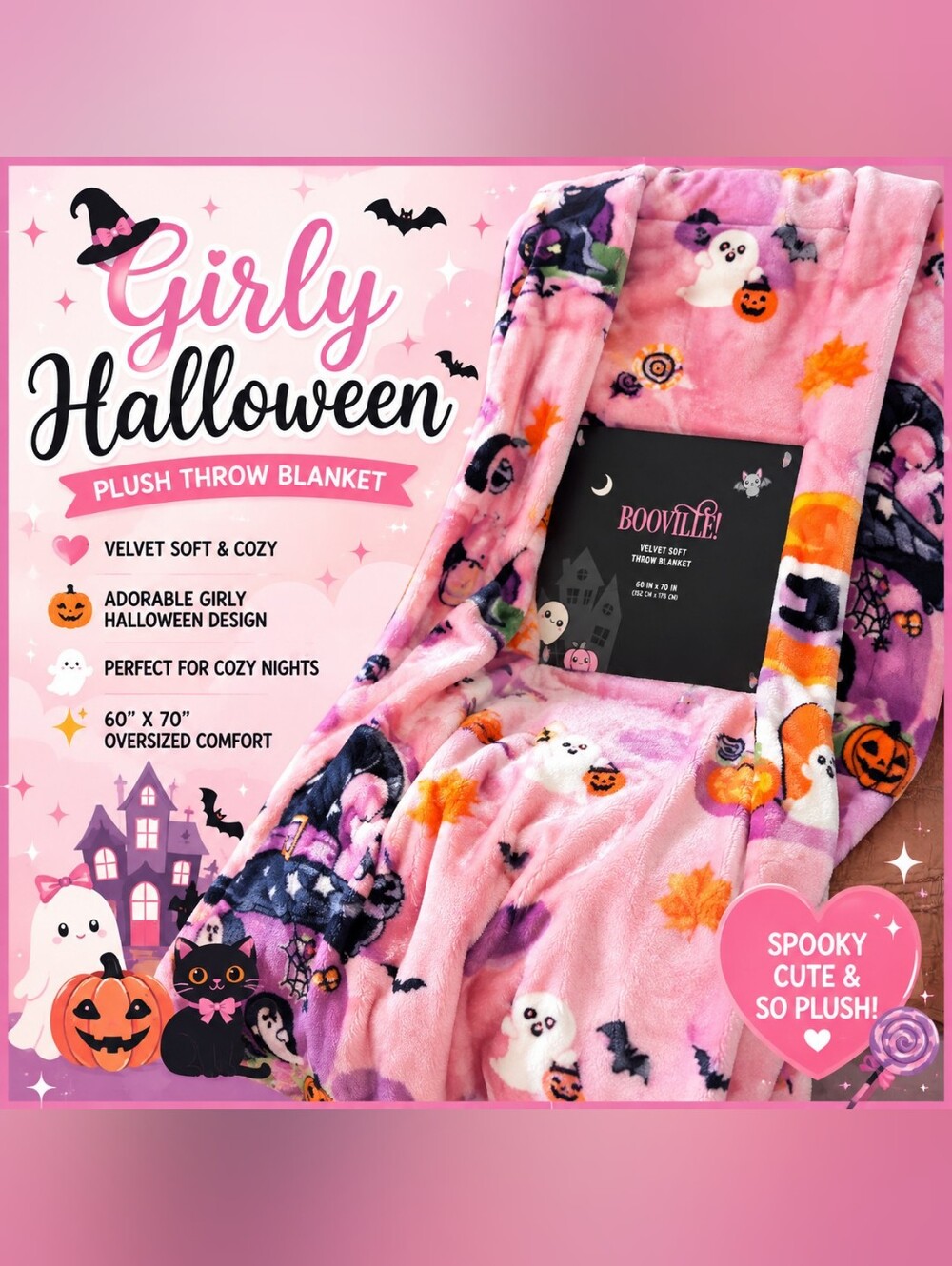🎃🩷 Girly Pink Halloween Plush Throw Blanket 60x70 | BOOVILLE, NWT